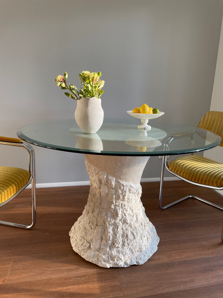 Fossil Stone and Glass Round Dining Table