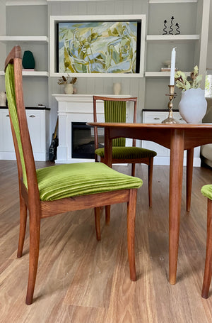 Four Sage Green Velvet T-Back Parker Wooden Dining chairs