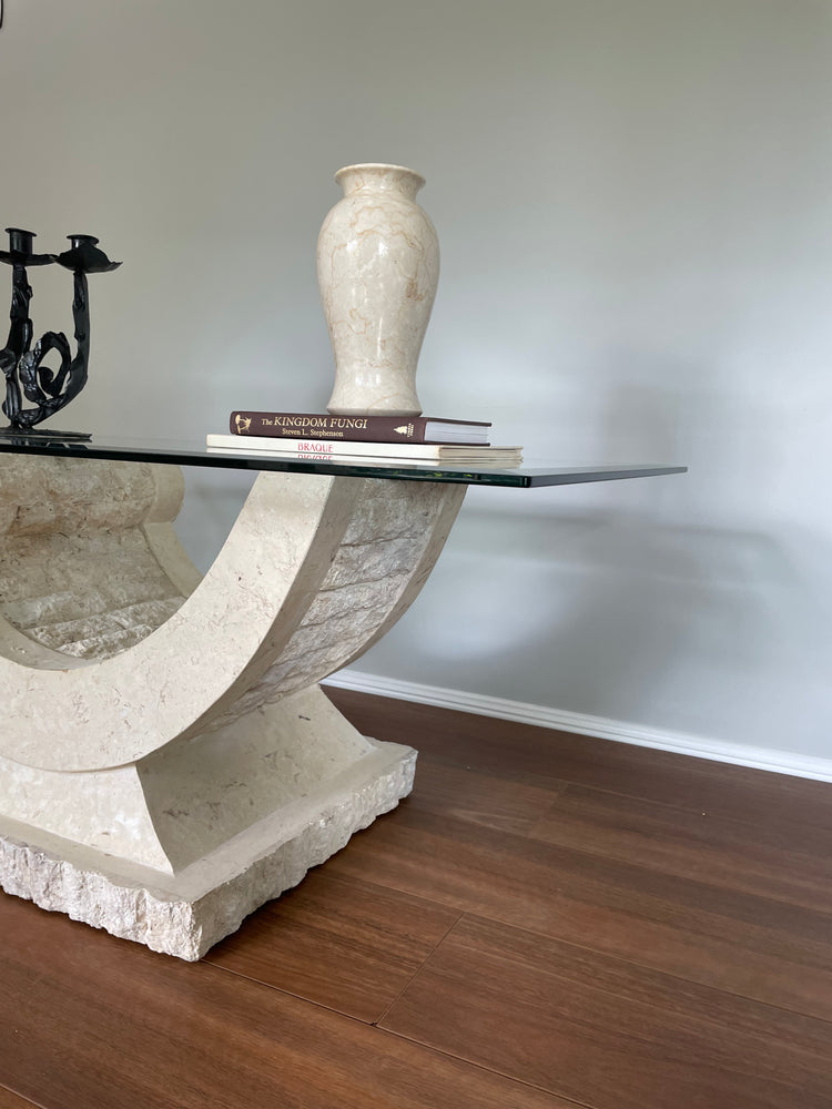 Fossil Stone Half Moon and Glass Coffee Table