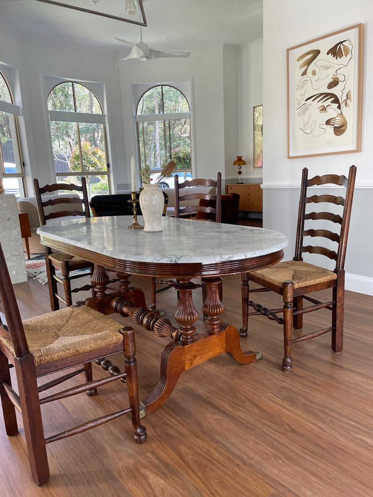 Oval Marble and Carved Wood Dining Table