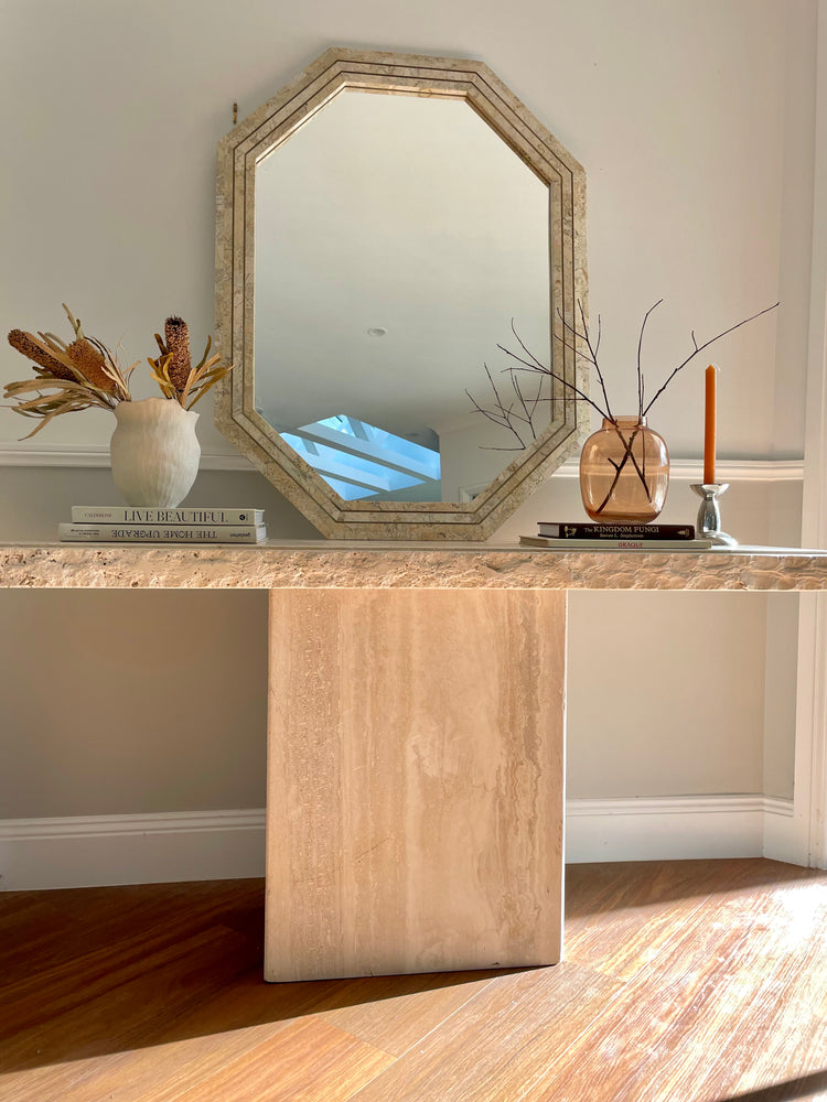 Gorgeous Polished Stone Mirror with Brass Inlay