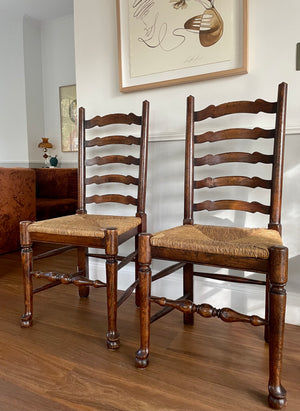 Ladder Back Antique Oak Dining Chairs - Set of 6