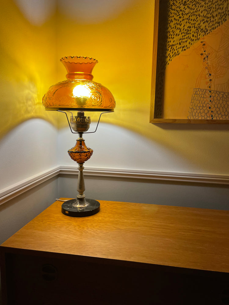 Vintage Amber Glass Mushroom and Brass Lamp