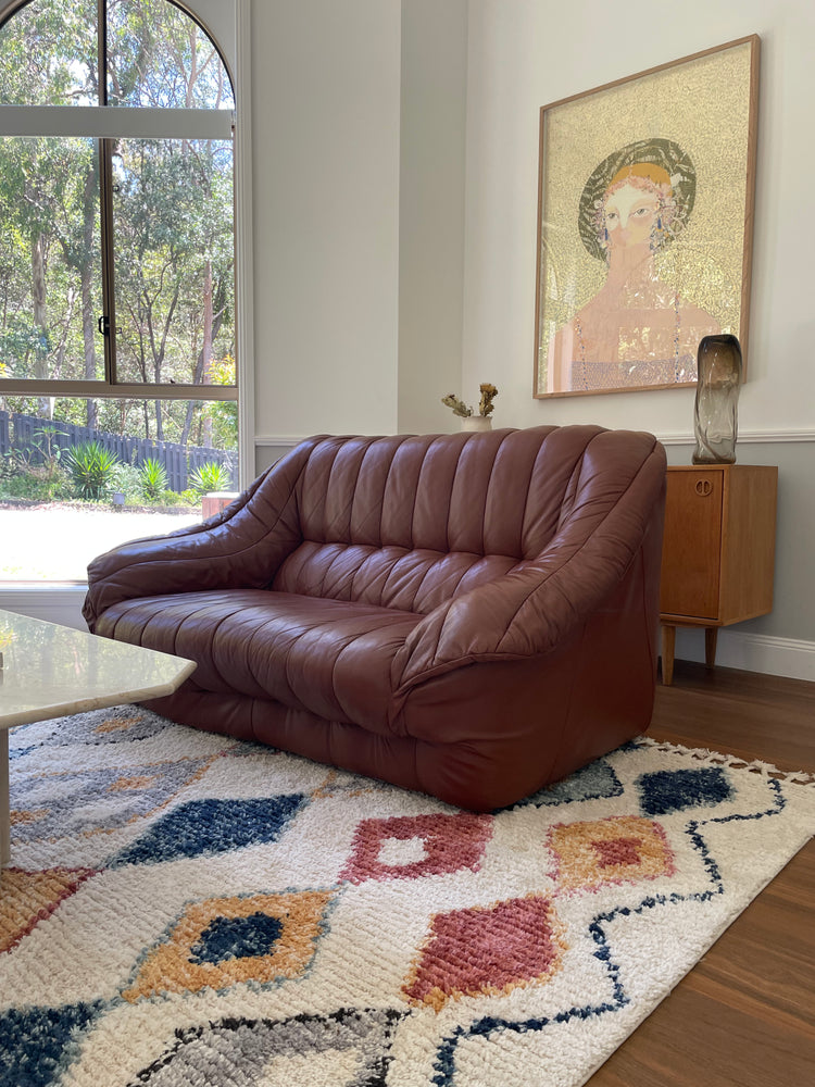 Two seat pleated brown leather vintage lounge