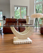 Fossil Stone Half Moon and Glass Coffee Table