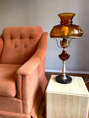 Vintage Amber Glass Mushroom and Brass Lamp
